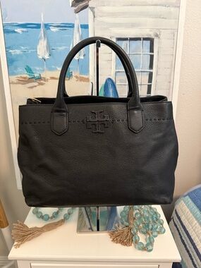Tory Burch Black Pebbled Leather Satchel with Logo